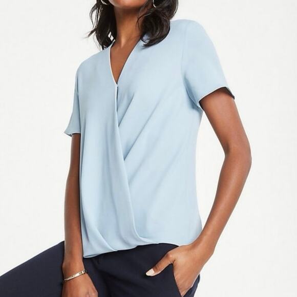 Ann Taylor NWT Baby Blue Draped Front Short Sleeve Wrap Blouse Medium - Picture 1 of 8